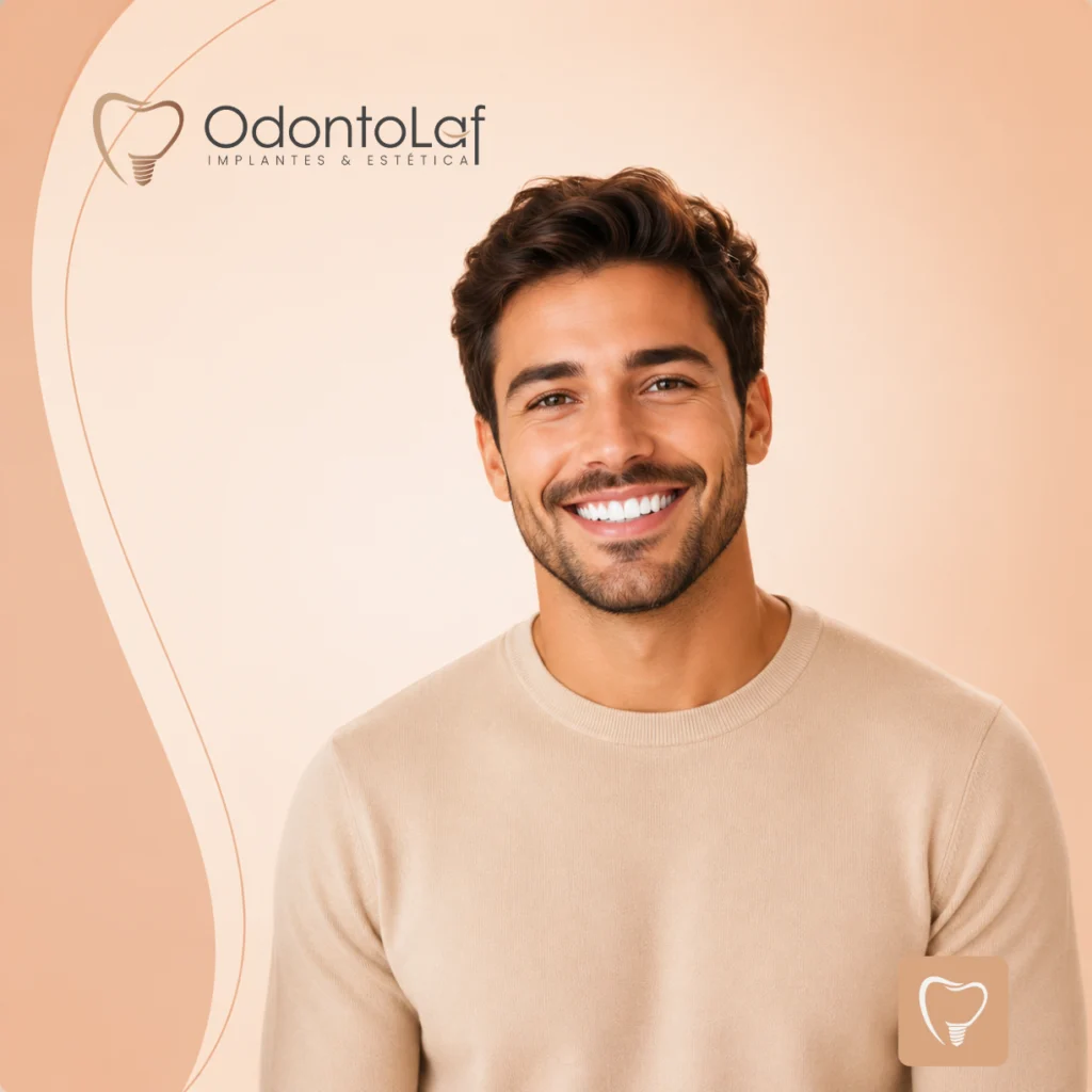Homem sorrindo após tratamento de lentes de contato dental na clínica OdontoLaf em Conselheiro Lafaiete.