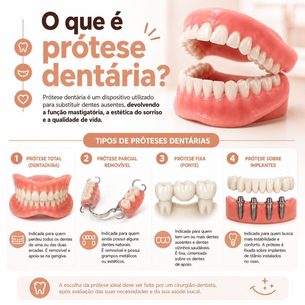 Infográfico explicando o que é prótese dentária e os tipos: total, parcial removível, fixa e sobre implantes em Conselheiro Lafaiete.